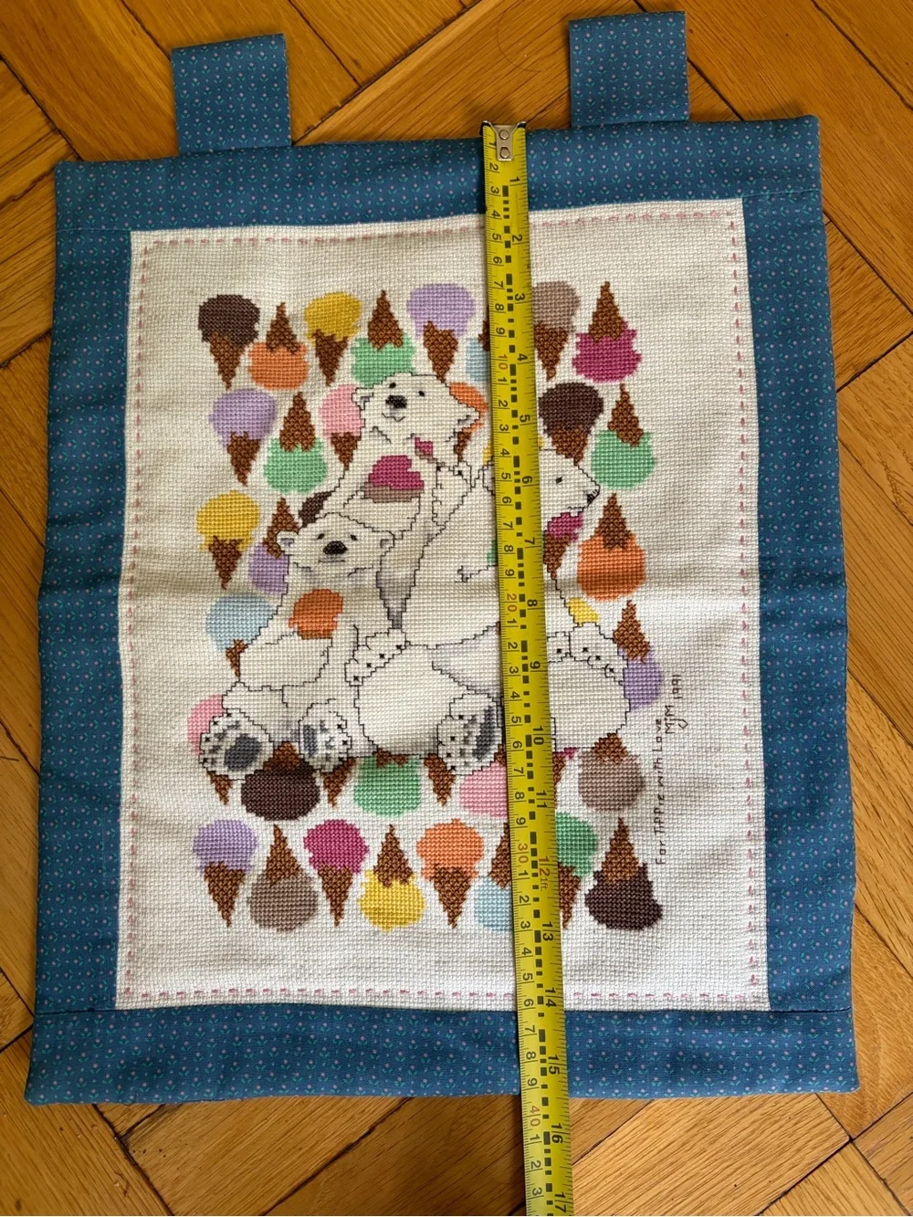 Vintage Cross Stitch Cloth Wall Hanging w. Polar Bears & Ice Cream. Pastels. 90s